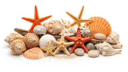 A collection of tropical sea shells and starfish rests on the summer beach sand, showcasing marine nature and aquatic life from the ocean during a peaceful spa vacation travel