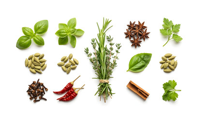 A collection of fresh organic herbs and aromatic spices like rosemary, thyme, and basil forms a healthy seasoning set of raw ingredients arranged on a rustic wooden background