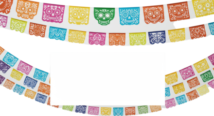 Two vibrant Mexican papel picado banners with intricate laser-cut sugar skulls, florals, and geometric folk art against a transparent background with central copy space, celebrating cultural heritage