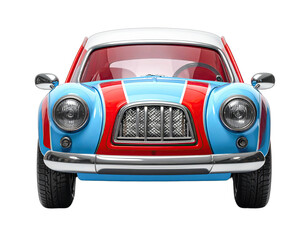 Front view of a colorful, vintage, cartoon-style sports car with bright blue, red, and white paint