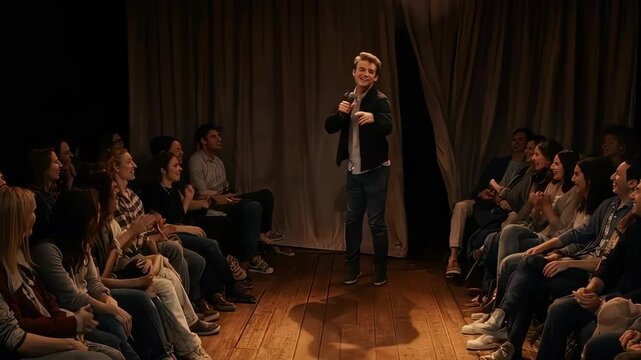 Comedian Entertaining Audience On Stage With Microphone.