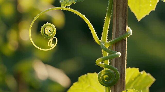 Close-up of a vibrant green tendril spiraling around a wooden support.