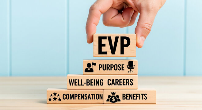 Building blocks represent employee value proposition with focus on benefits, compensation, careers, and purpose.