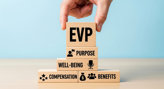 Hand stacking wooden blocks spelling EVP, representing employee value proposition with purpose, well-being, compensation, and benefits.