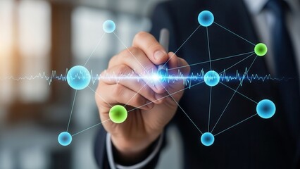 Closeup Businessman Hand using stylus to draw connection lines between business nodes, representing networking, partnership strategy, and BB relationship management