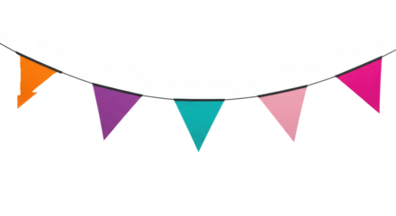 Vibrant orange, purple, pink, teal, emerald, fuchsia triangular bunting flags on a black string against an immaculate white studio background with copy space, soft lighting. Celebratory atmosphere