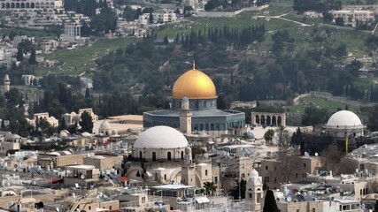 Aerial Dome of the Rock Old City Jerusalem

Drone footage of the Dome of the Rock above Old City rooftops in Jerusalem, Israel, December 24 2025.
