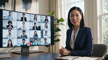 Professional woman leading a virtual meeting with colleagues on a large screen.