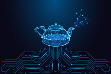 Digital teapot tech concept with a glowing low-poly kettle emitting neon particles.
