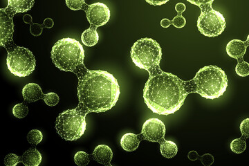 Futuristic neon green low-poly molecule pattern in glowing biotech style, vector