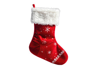 A red Christmas stocking with white snowflakes and fur trim on a black background