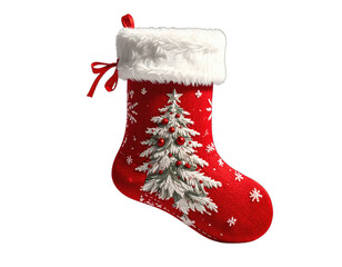 A vibrant red Christmas stocking with a white fur cuff and festive tree design