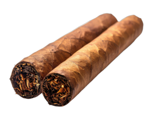 Two cigars, brown with detailed texture, sit against a black background