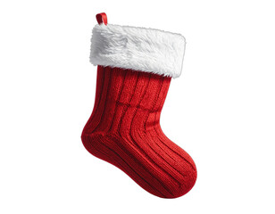 A red ribbed knitted Christmas stocking with a fluffy white cuff and loop