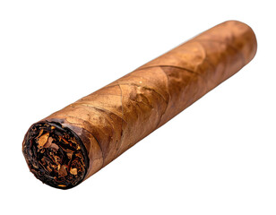 A close-up shot of a thick, expertly rolled cigar, with a dark, burning ember on the end