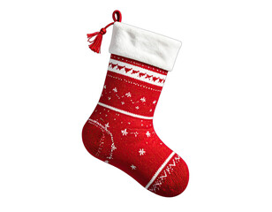 Close-up of a festive, patterned red Christmas stocking with white trim and a tassel