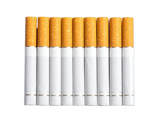 Close-up view of ten filtered cigarettes arranged in a neat, parallel row on a black background