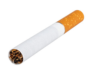 A single cigarette, with a filter, resting on a stark black background