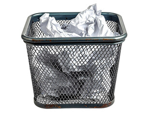 Black wire mesh waste bin brimming with crumpled white paper against a black background