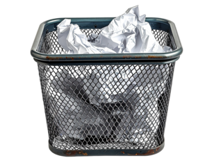 Black wire mesh waste bin brimming with crumpled white paper against a black background