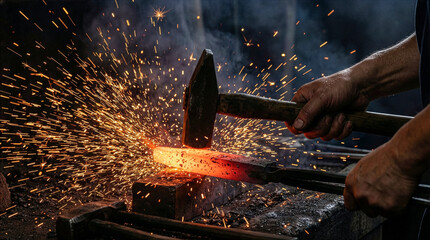 Close-up of traditional blacksmith's hands striking red-hot steel billet with a large hammer on an anvil, causing a massive explosion of sparks in a dark, smoky forge.