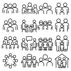 Diverse Icons of Human Connection: Collection of line art icons depicting various group configurations. Illustrating concepts such as unity, collaboration, and community.