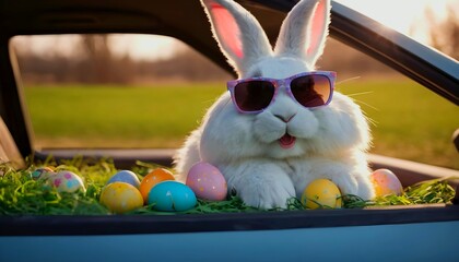 Cute Easter Bunny with sunglasses looking out of a car filed with easter eggs,, created with generative ai