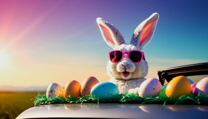 Cute Easter Bunny with sunglasses looking out of a car filed with easter eggs,, created with generative ai
