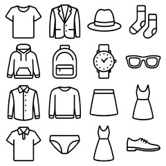 Fashion Essentials: A comprehensive collection of iconic apparel pieces and accessories, illustrated in a clean, minimalist style.