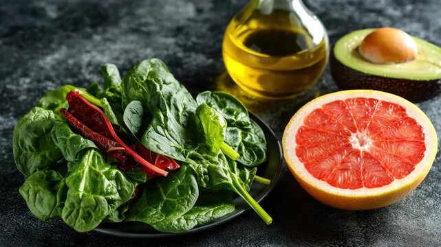 Various salad ingredients on table. Spinach leaves, sliced grapefruit, avocado, red onion, and olive oil. Perfect for a healthy meal or smoothie bowl.