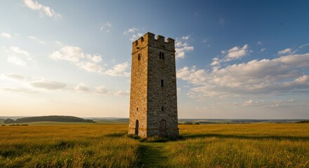 Ancient Stone Tower Stands Tall in a Golden Field Under a Dramatic Sky.