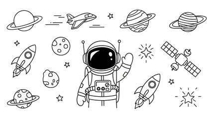 Astronaut and space elements black and white vector illustration © fransiskaaa