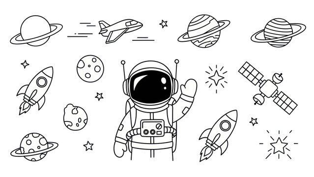 Astronaut and space elements black and white vector illustration