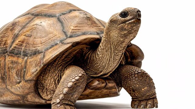 Close up portrait of tortoise with textured shell and scaled legs against a white background. This reptile is a slow walking creature.
