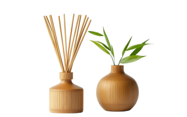 Premium bamboo diffuser sticks with essential oils created for aromatherapy, stress relief, and wellness routines isolated on transparent background PNG