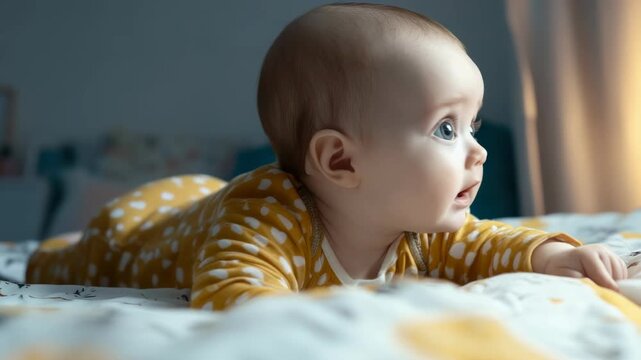 A baby lying on a bed looking up with curiosity and excitement.
