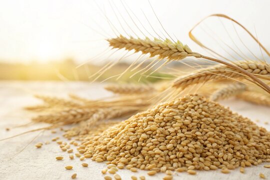 Close-up of golden barley grains piled on a white background, showcasing organic, healthy cereal crop, ideal for food, agriculture, nutrition, cooking, bakery, brewery, and natural ingredients project