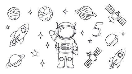 Astronaut in space with planets rockets and satellites black and white illustration © kesyaaa