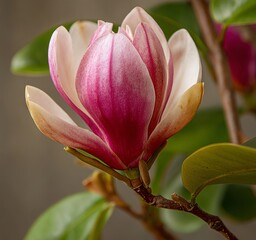 Magnolia Bloom: A close-up view of a vibrant magnolia blossom, its delicate petals showcasing a gradient of pinks and creams, embodying the ephemeral beauty of spring