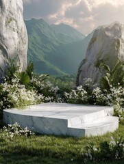 Stone platform surrounded by plants and mountains, landscape scene.