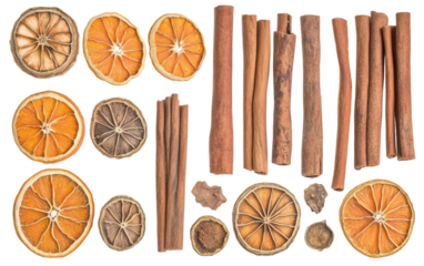 Glass bowl with dried oranges and cinnamon sticks ideal for aromatic decoration, festive crafts and natural scenting isolated on transparent background PNG
