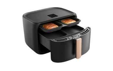 Compact digital air fryer with dual compartments suitable for family meals, quick cooking and convenient kitchen use isolated on transparent background PNG
