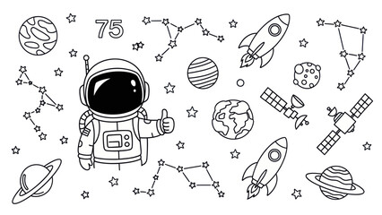 Astronaut in space with planets rockets and stars illustration © masyaa