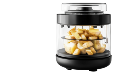 Electric potato peeler with transparent lid designed for easy and efficient peeling of potatoes and vegetables at home isolated on transparent background PNG