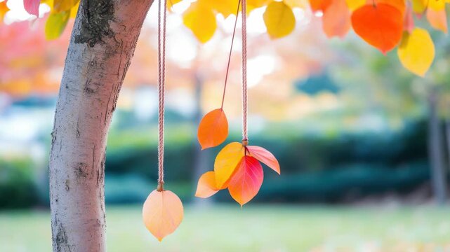 A close-up of autumn leaves on a beaded chain decoration hanging from a tree branch.