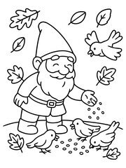 Whimsical Gnome: A cheerful gnome in a pointed hat, is sprinkling seeds to feed little birds in an illustrated setting of leaves, creates a feeling of joy and connection with nature.