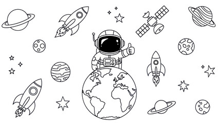 Astronaut in space with rockets planets stars and satellite illustration © botot
