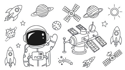 Fototapeta premium Astronaut in space with rockets satellites and planets vector illustration