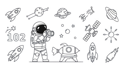 Obraz premium Astronaut photographing space elements rockets planets stars vector illustration