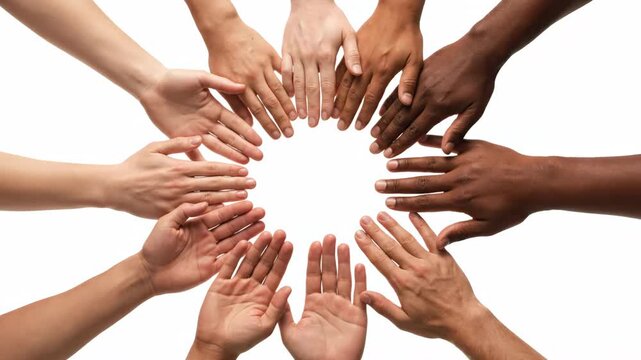Diverse hands in a circle on white depict unity, teamwork, and global community, showcasing a variety of skin tones in a collaborative arrangement.
